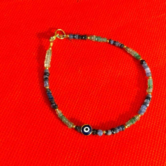 Evil eye charm bracelet natural multicolored sapphire and 24 k bracelet - Picture 1 of 6